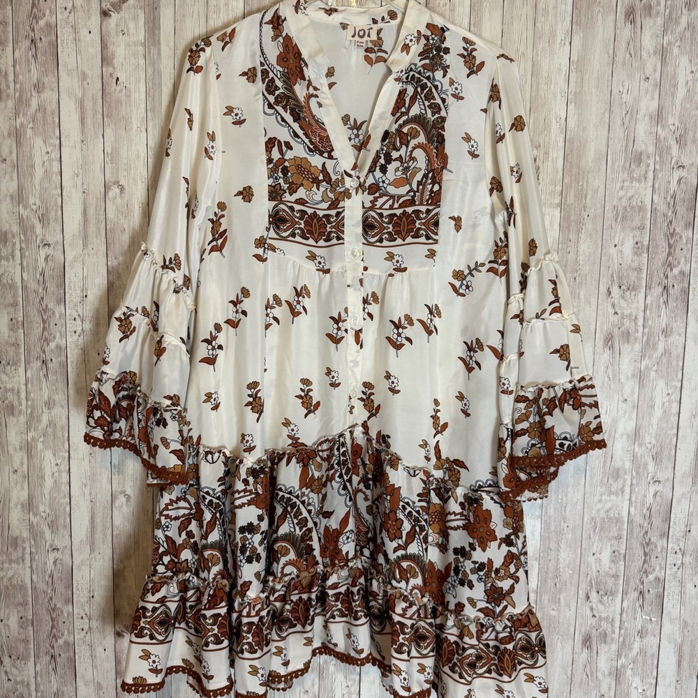 Jot Silk Boho Floral Tiered Free Size Dress Crochet Trim